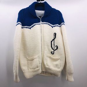 Vtg COWICHAN sweater rockabilly Hoedown Music knit cardigan 42-44 Blue White